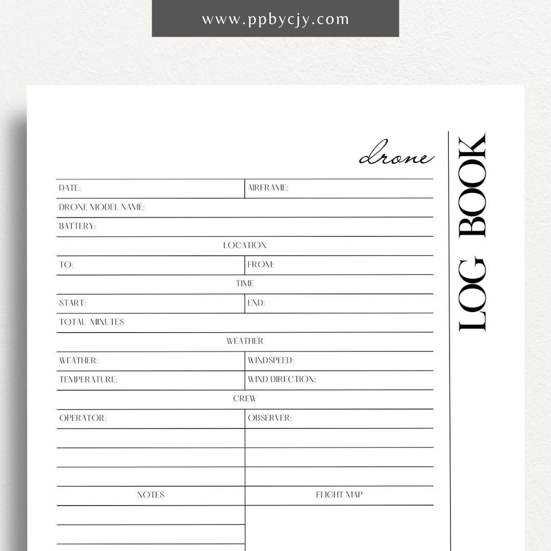 Drone Logbook Printable Template – Digital Download for Recording Drone Flights with sections for flight details, hours, locations, maintenance, and observations.