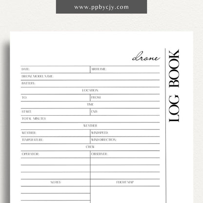 Drone Logbook Printable Template – Digital Download for Recording Drone Flights with sections for flight details, hours, locations, maintenance, and observations.