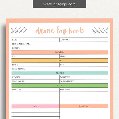 Drone Logbook Printable Template – Digital Download for Recording Drone Flights with sections for flight details, hours, locations, maintenance, and observations.