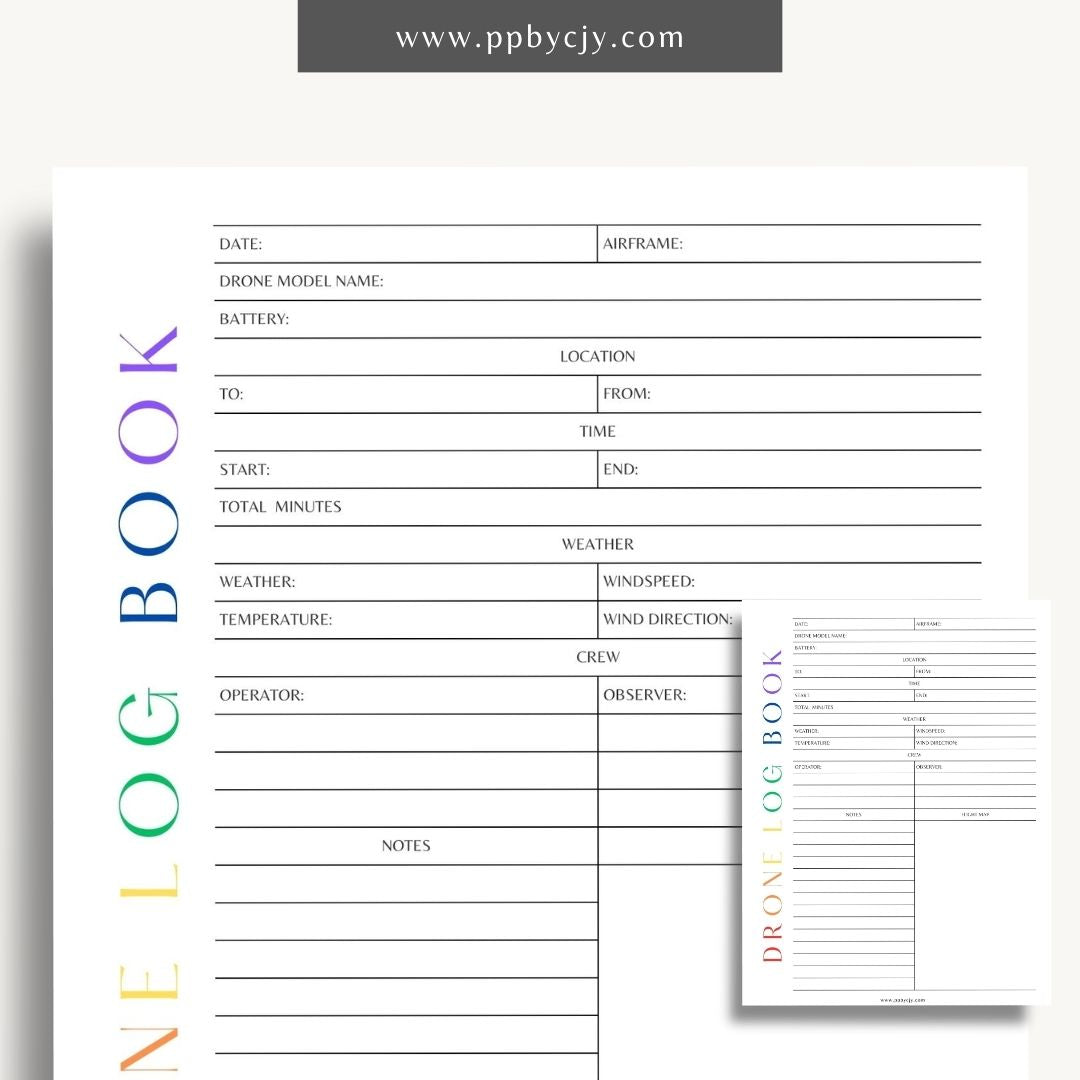 Drone Logbook Printable Template – Digital Download for Recording Drone Flights with sections for flight details, hours, locations, maintenance, and observations.