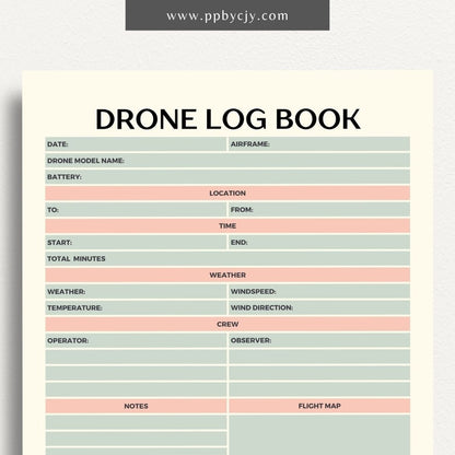 Drone Logbook Printable Template – Digital Download for Recording Drone Flights with sections for flight details, hours, locations, maintenance, and observations.