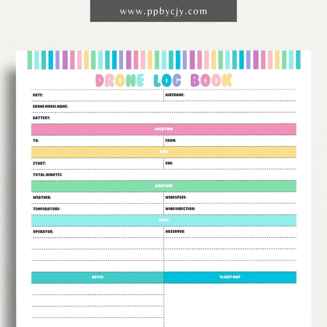 Drone Logbook Printable Template – Digital Download for Recording Drone Flights with sections for flight details, hours, locations, maintenance, and observations.