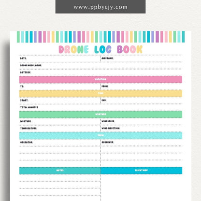 Drone Logbook Printable Template – Digital Download for Recording Drone Flights with sections for flight details, hours, locations, maintenance, and observations.