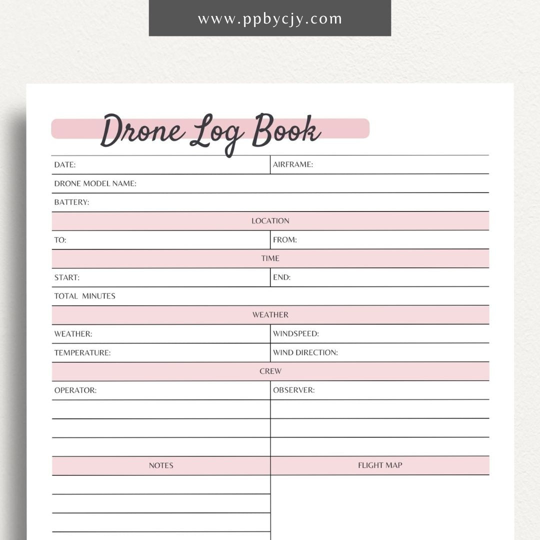 Drone Logbook Printable Template – Digital Download for Recording Drone Flights with sections for flight details, hours, locations, maintenance, and observations.