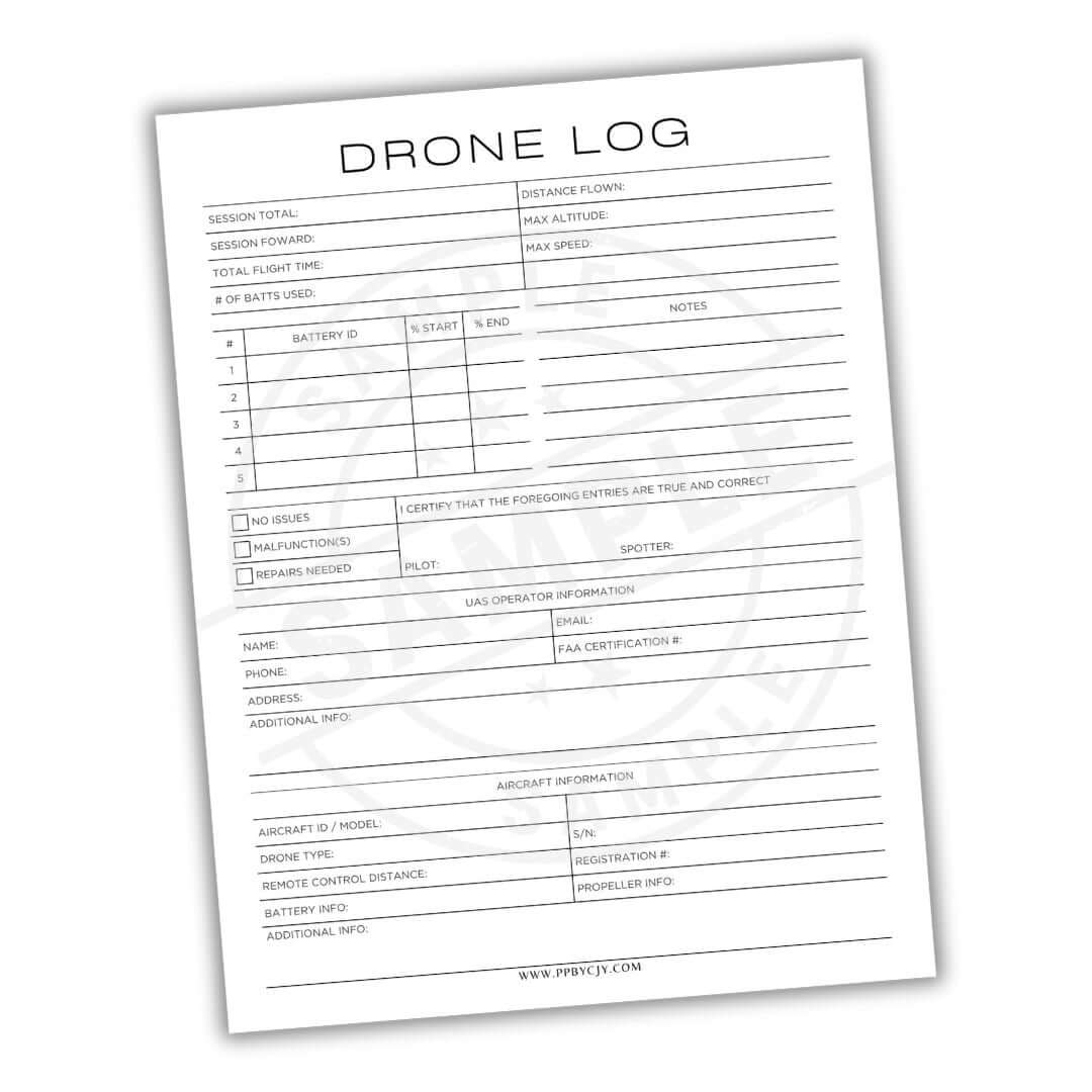 Drone log sheet with various fields for recording information on a white background