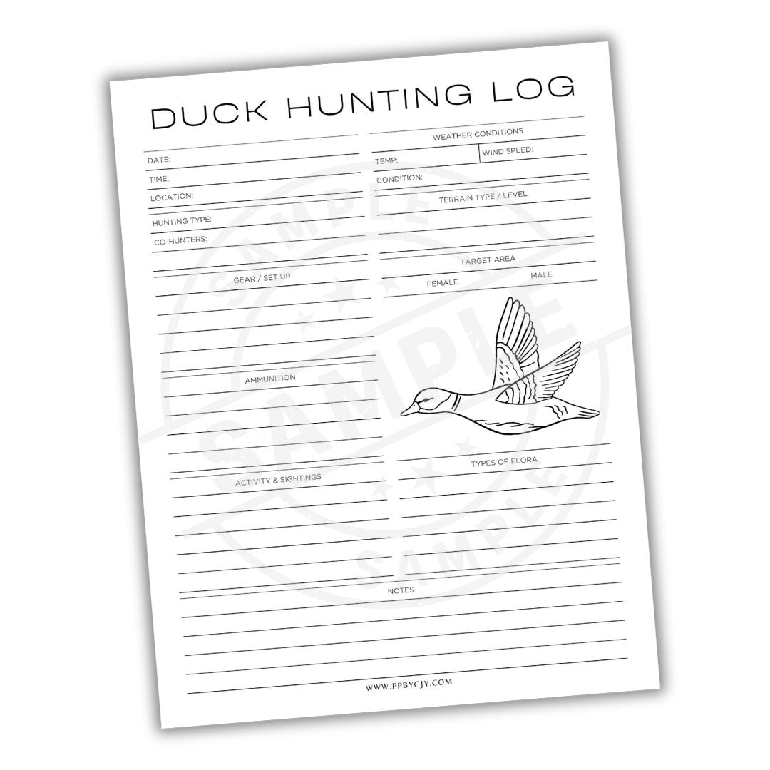 Duck hunting log sheet with a flying duck illustration on a white background