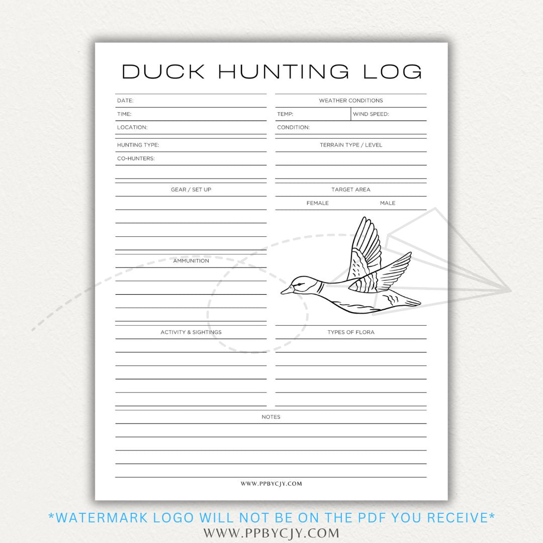 Duck Hunting Log Printable PDF Template with sections for date, location, weather, species, and hunting notes.

