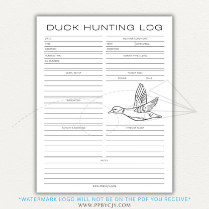 Duck Hunting Log Printable PDF Template with sections for date, location, weather, species, and hunting notes.

