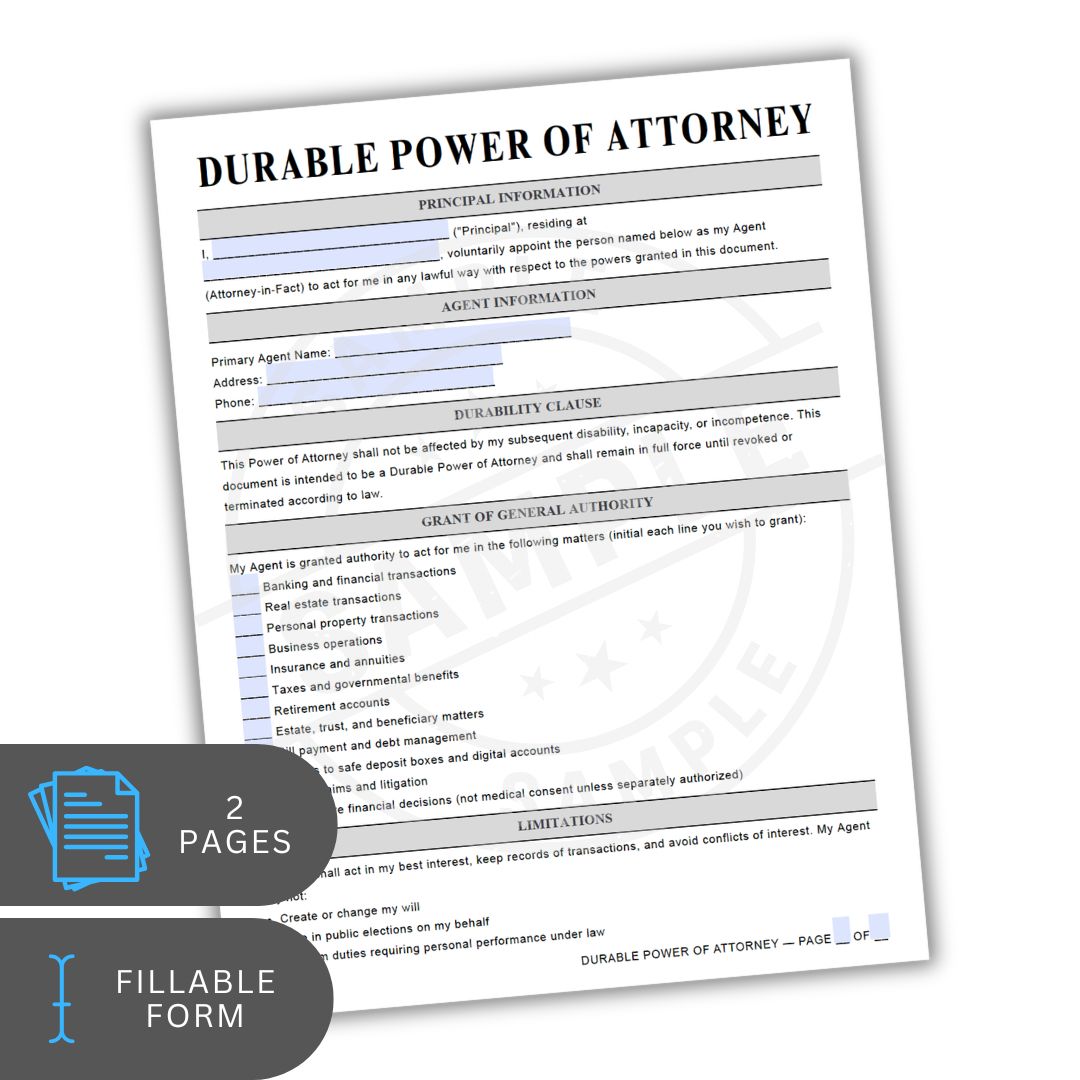 Durable Power of Attorney form on a white background