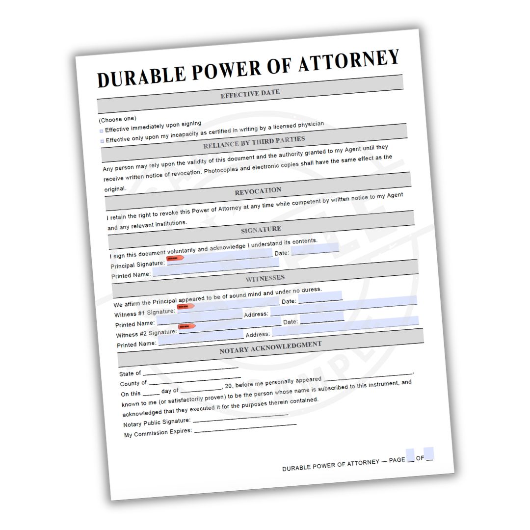 Durable Power of Attorney form on a white background