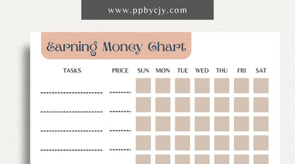 Earn Money Chore Chart Printable Template – Digital Download for Tracking Chores and Rewards with sections for listing tasks, values, and completed activities.