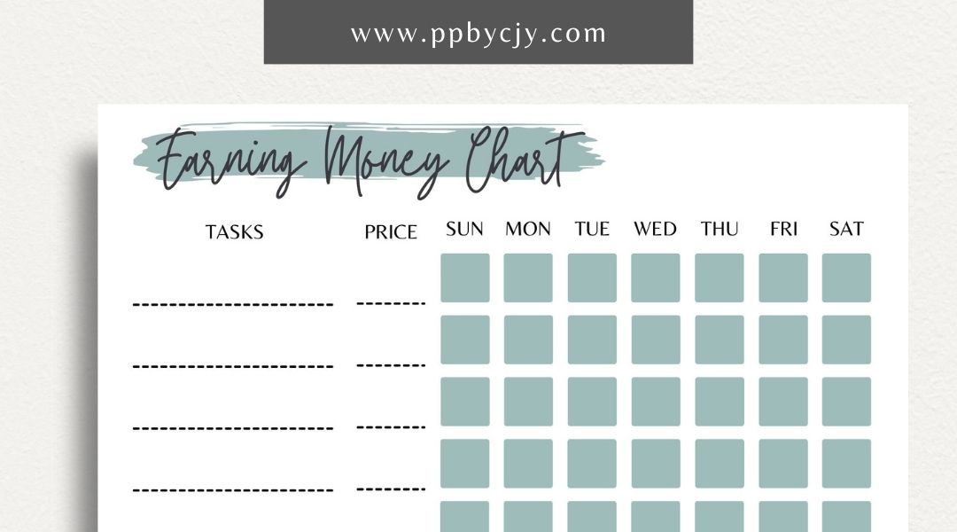 Earn Money Chore Chart Printable Template – Digital Download for Tracking Chores and Rewards with sections for listing tasks, values, and completed activities.