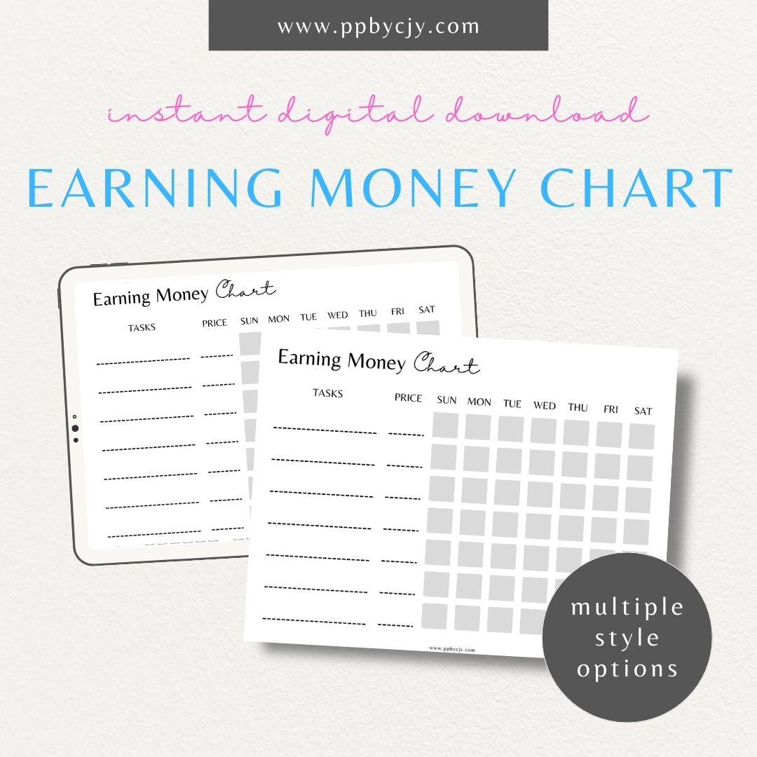 Earn Money Chore Chart Printable Template – Digital Download for Tracking Chores and Rewards with sections for listing tasks, values, and completed activities.