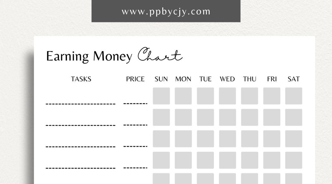 Earn Money Chore Chart Printable Template – Digital Download for Tracking Chores and Rewards with sections for listing tasks, values, and completed activities.