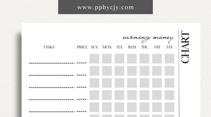 Earn Money Chore Chart Printable Template – Digital Download for Tracking Chores and Rewards with sections for listing tasks, values, and completed activities.