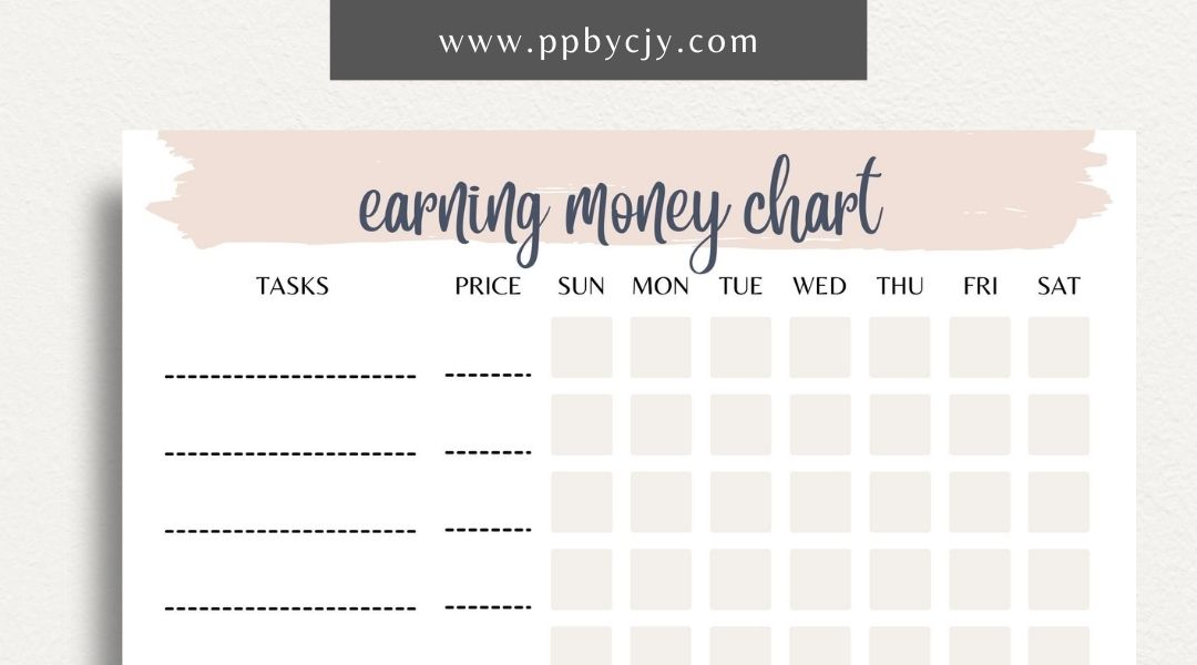 Earn Money Chore Chart Printable Template – Digital Download for Tracking Chores and Rewards with sections for listing tasks, values, and completed activities.