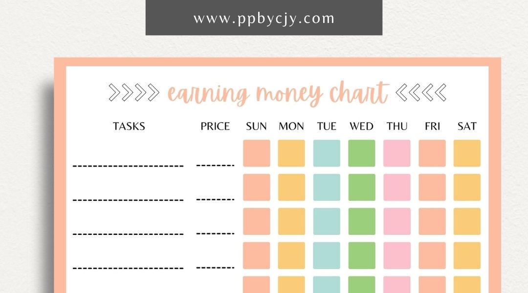 Earn Money Chore Chart Printable Template – Digital Download for Tracking Chores and Rewards with sections for listing tasks, values, and completed activities.