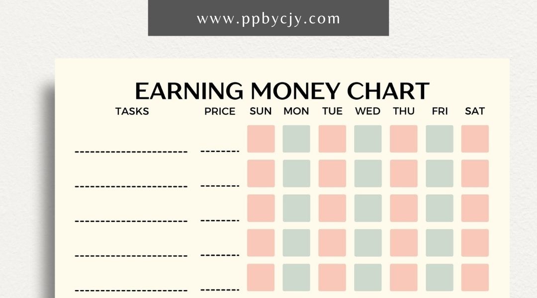 Earn Money Chore Chart Printable Template – Digital Download for Tracking Chores and Rewards with sections for listing tasks, values, and completed activities.