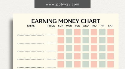 Earn Money Chore Chart Printable Template – Digital Download for Tracking Chores and Rewards with sections for listing tasks, values, and completed activities.