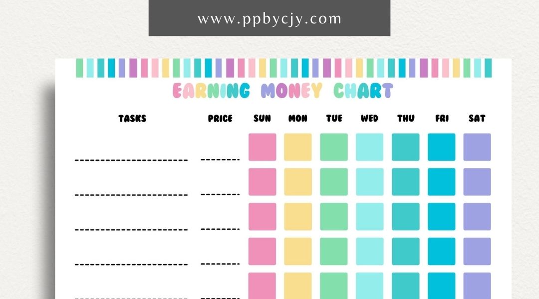 Earn Money Chore Chart Printable Template – Digital Download for Tracking Chores and Rewards with sections for listing tasks, values, and completed activities.