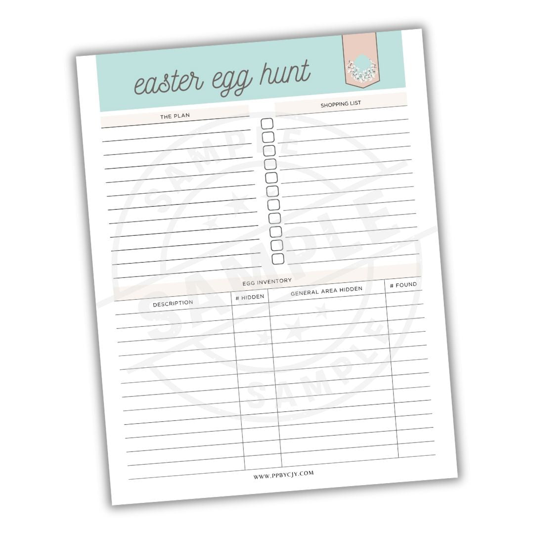 Easter egg hunt planning sheet with a blue header on a white background