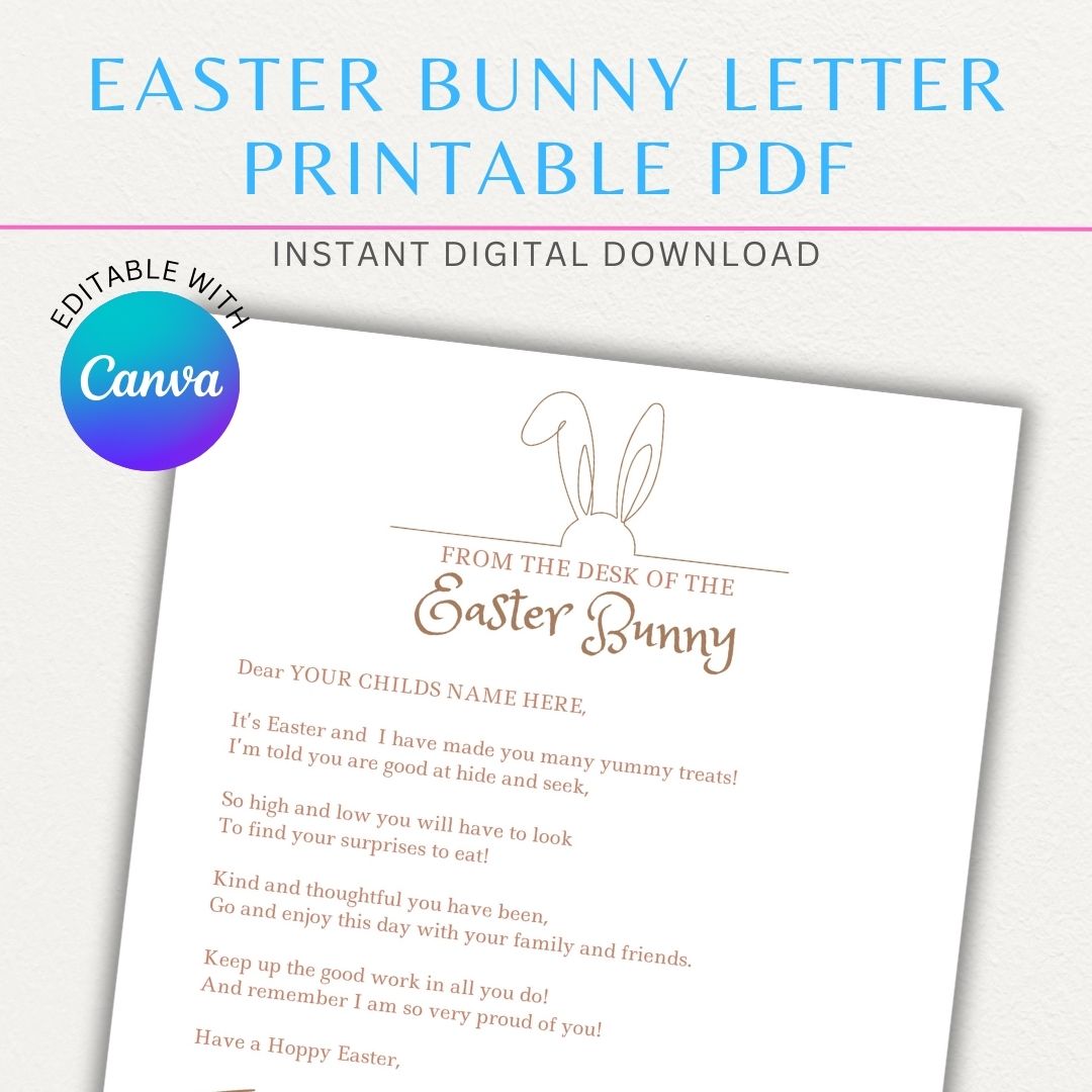 Personalized Easter Bunny Letter Printable PDF Template with cute Easter-themed design, editable name field, and a heartfelt message from the Easter Bunny.