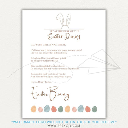 Personalized Easter Bunny Letter Printable PDF Template with cute Easter-themed design, editable name field, and a heartfelt message from the Easter Bunny.