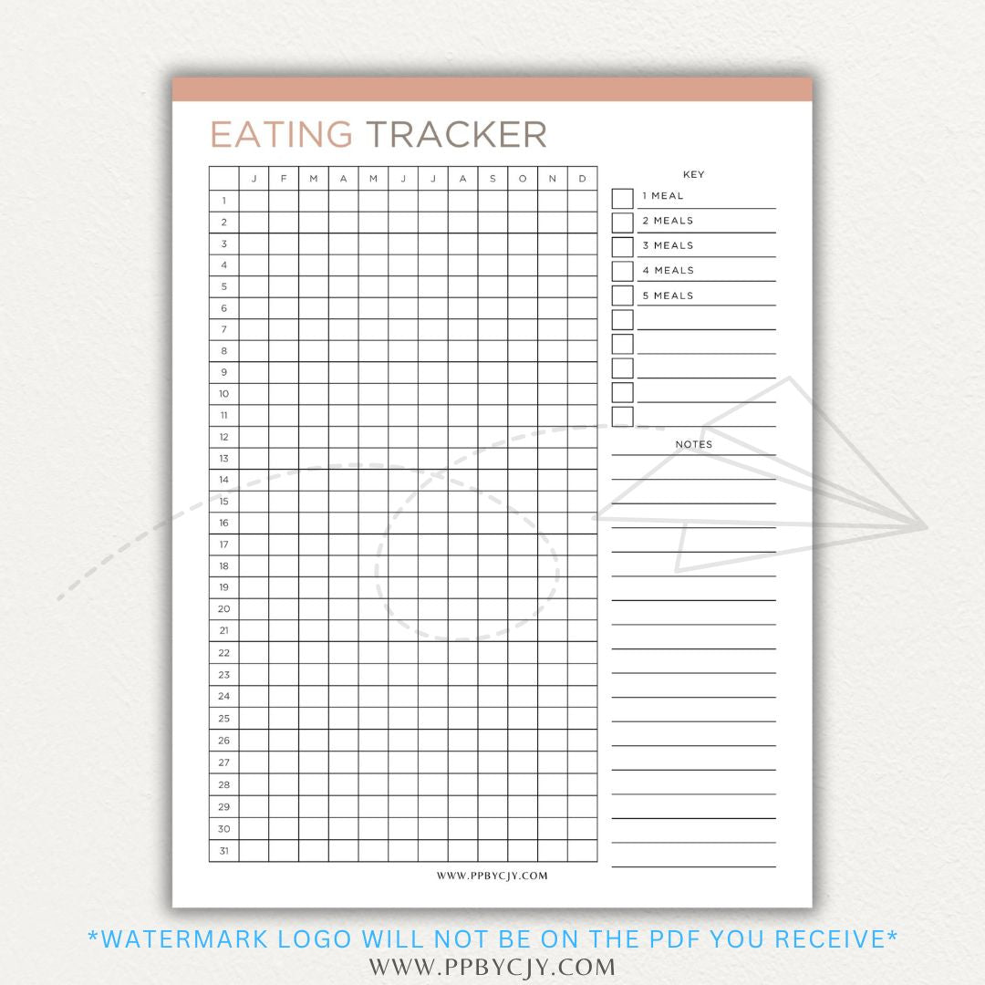 Eating Tracker Printable PDF Template for logging meals, portion sizes, and nutrition.