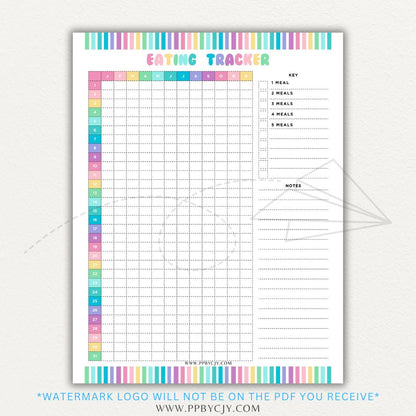 Eating Tracker Printable PDF Template for logging meals, portion sizes, and nutrition.