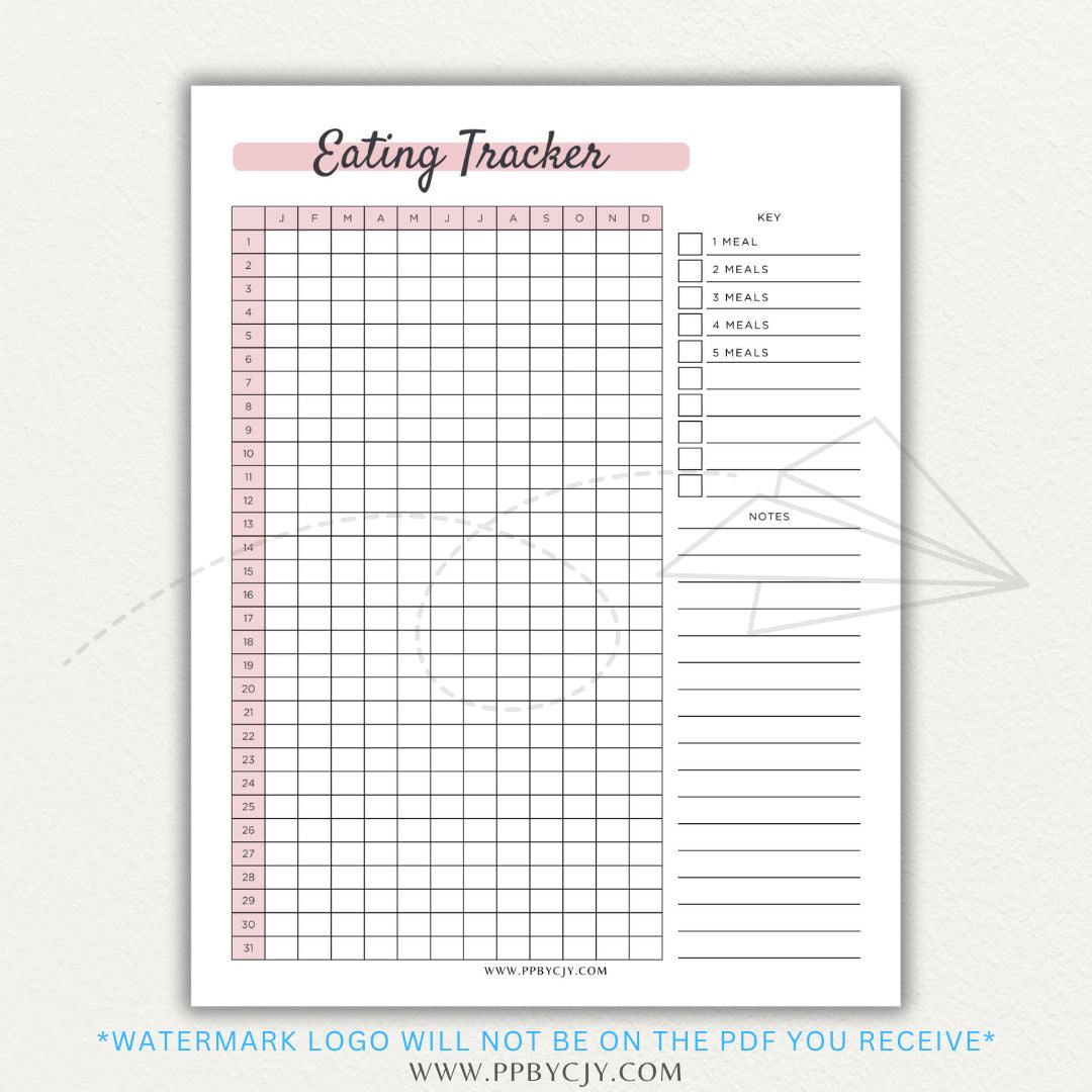 Eating Tracker Printable PDF Template for logging meals, portion sizes, and nutrition.