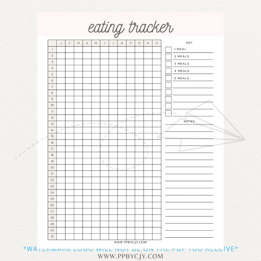 Eating Tracker Printable PDF Template for logging meals, portion sizes, and nutrition.