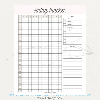 Eating Tracker Printable PDF Template for logging meals, portion sizes, and nutrition.