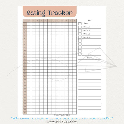 Eating Tracker Printable PDF Template for logging meals, portion sizes, and nutrition.