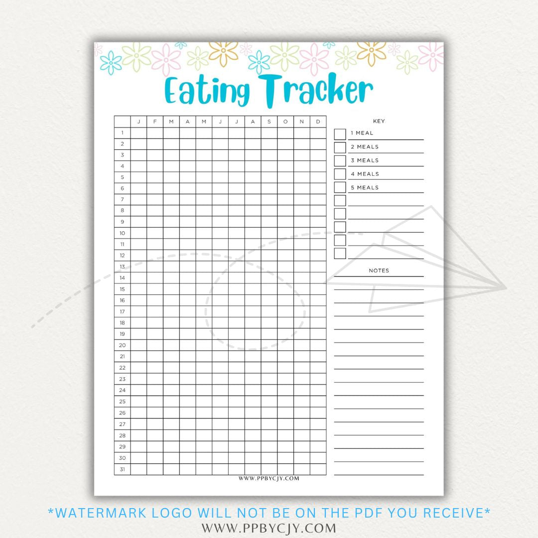 Eating Tracker Printable PDF Template for logging meals, portion sizes, and nutrition.