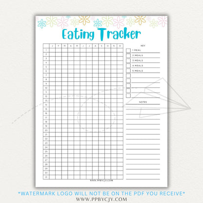 Eating Tracker Printable PDF Template for logging meals, portion sizes, and nutrition.