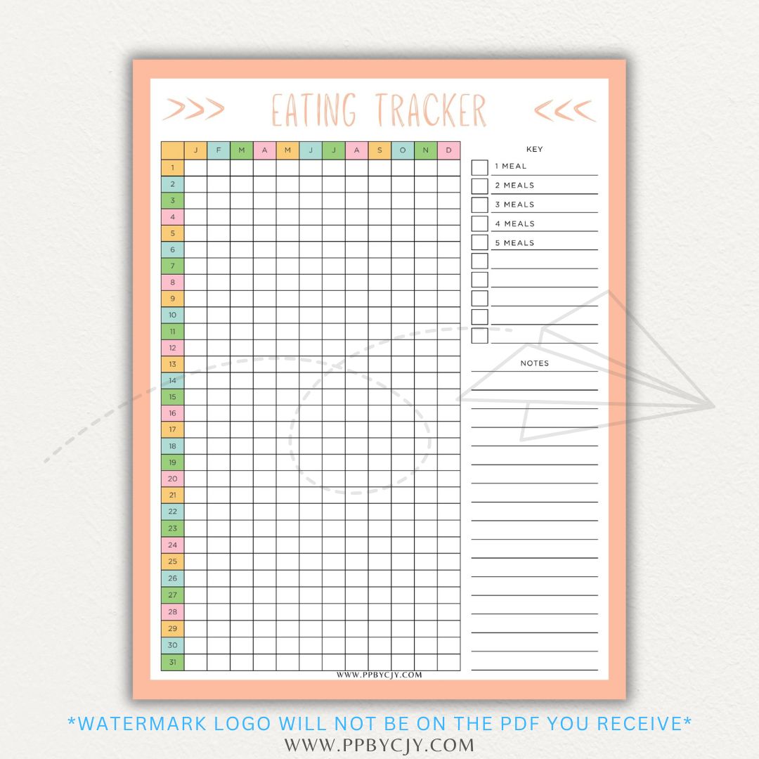 Eating Tracker Printable PDF Template for logging meals, portion sizes, and nutrition.