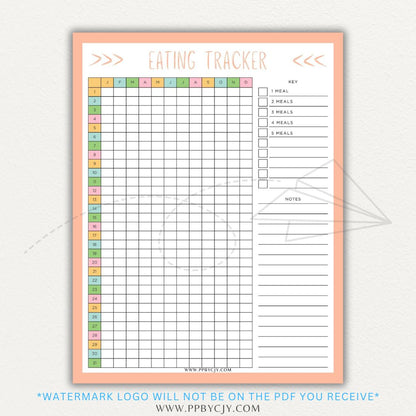 Eating Tracker Printable PDF Template for logging meals, portion sizes, and nutrition.