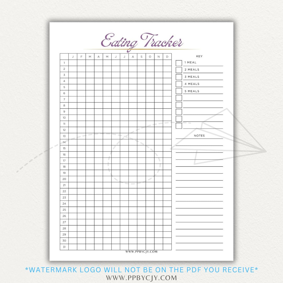 Eating Tracker Printable PDF Template for logging meals, portion sizes, and nutrition.