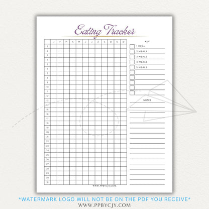 Eating Tracker Printable PDF Template for logging meals, portion sizes, and nutrition.