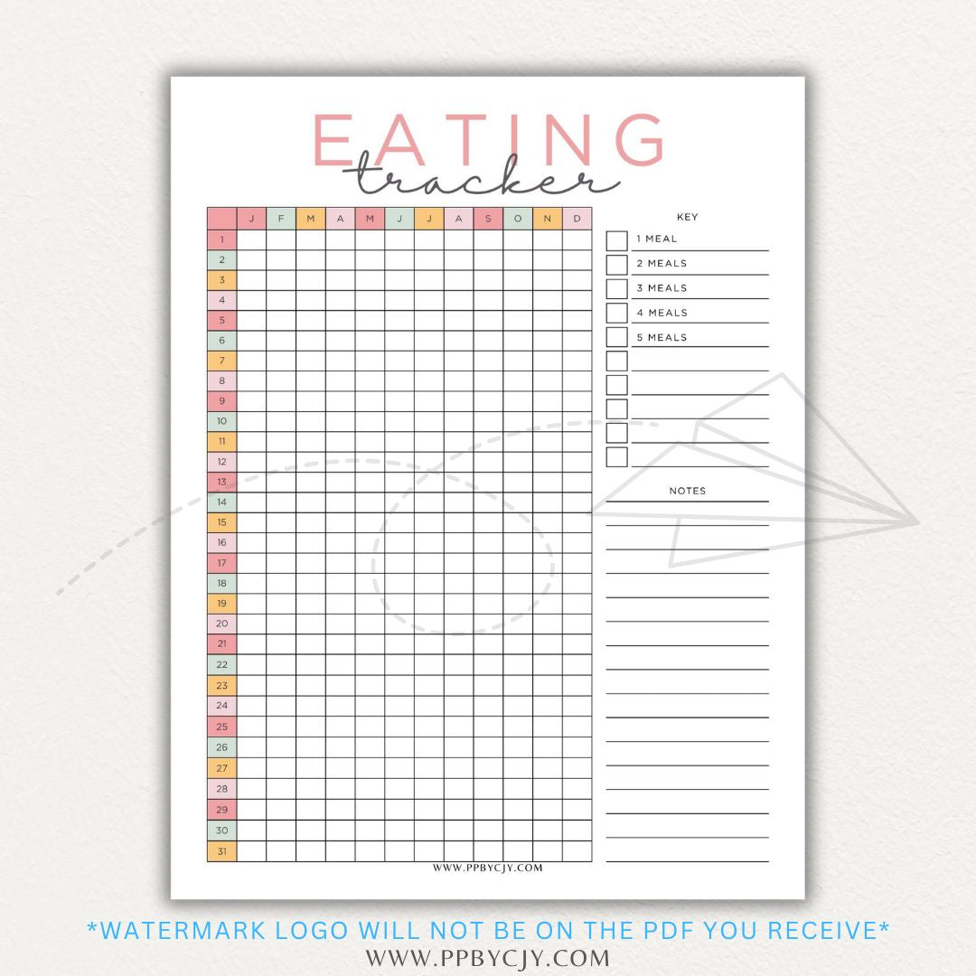 Eating Tracker Printable PDF Template for logging meals, portion sizes, and nutrition.