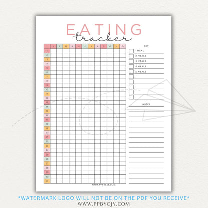 Eating Tracker Printable PDF Template for logging meals, portion sizes, and nutrition.