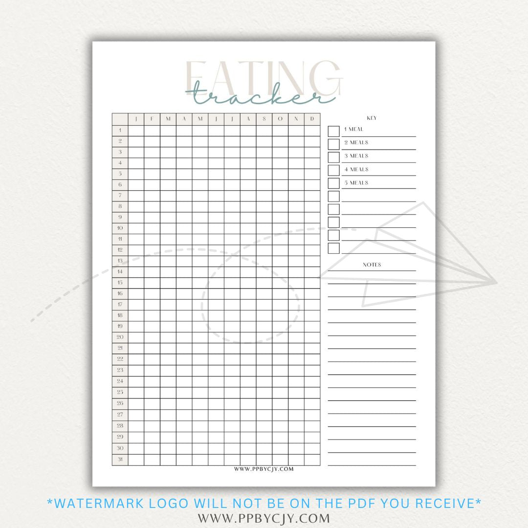 Eating Tracker Printable PDF Template for logging meals, portion sizes, and nutrition.