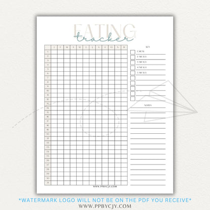 Eating Tracker Printable PDF Template for logging meals, portion sizes, and nutrition.