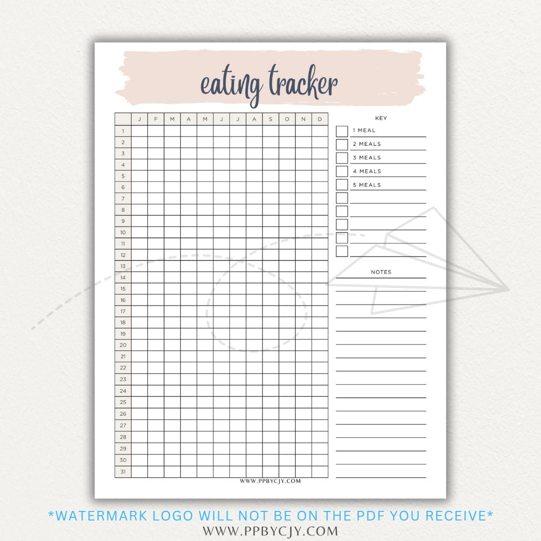 Eating Tracker Printable PDF Template for logging meals, portion sizes, and nutrition.