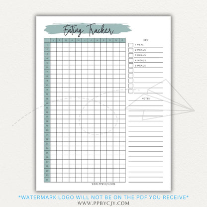 Eating Tracker Printable PDF Template for logging meals, portion sizes, and nutrition.