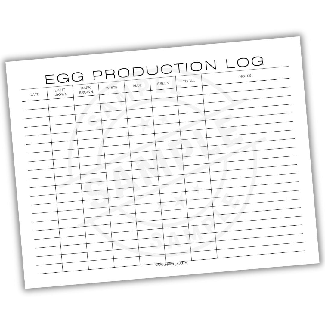Egg production log sheet with columns for date, color, and totals on a white background.
