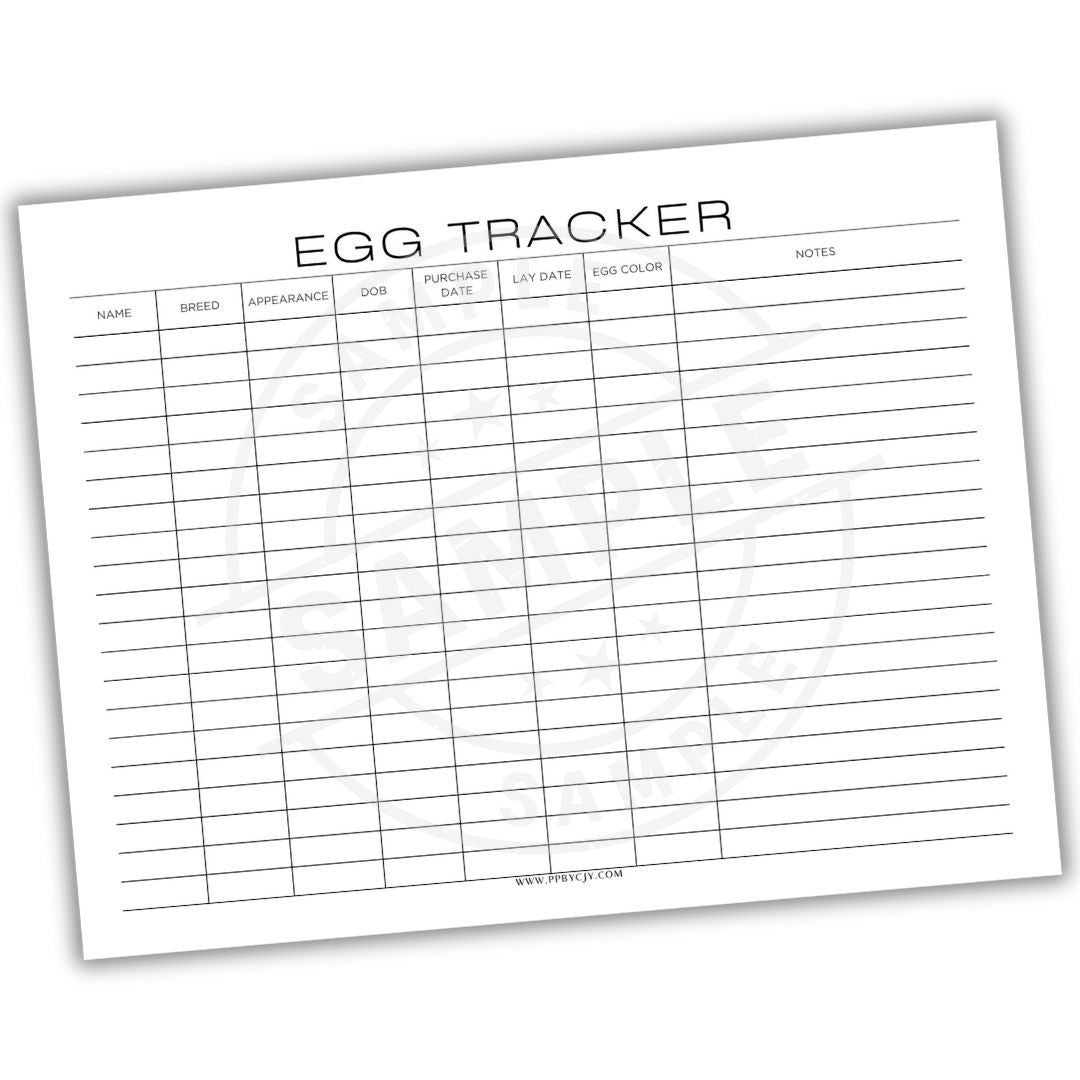 Egg tracker sheet with columns for name, breed, appearance, owner, purchase date, lay date, egg color, and notes.
