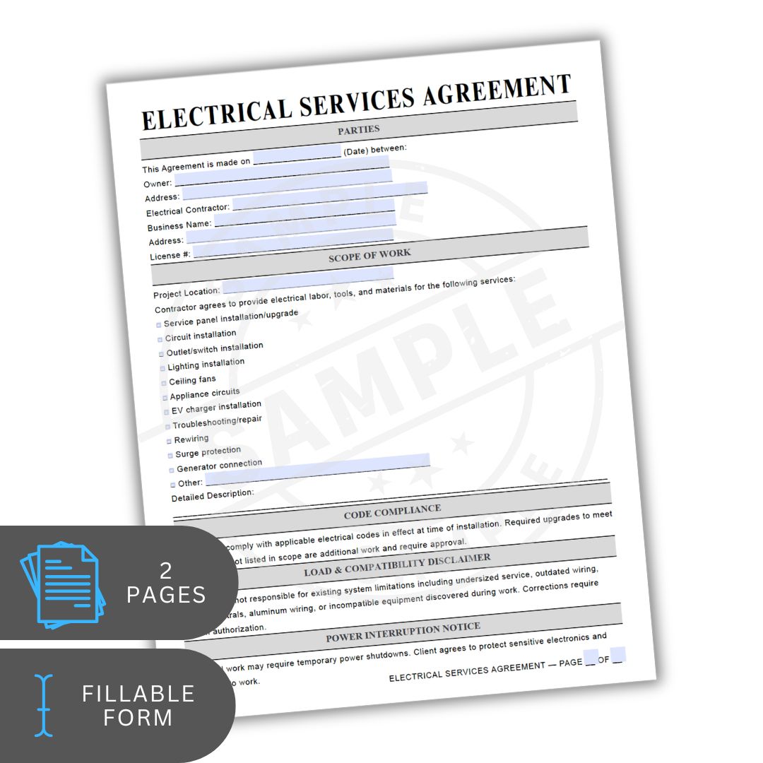 Electrical services agreement form with text and checkboxes on a white background