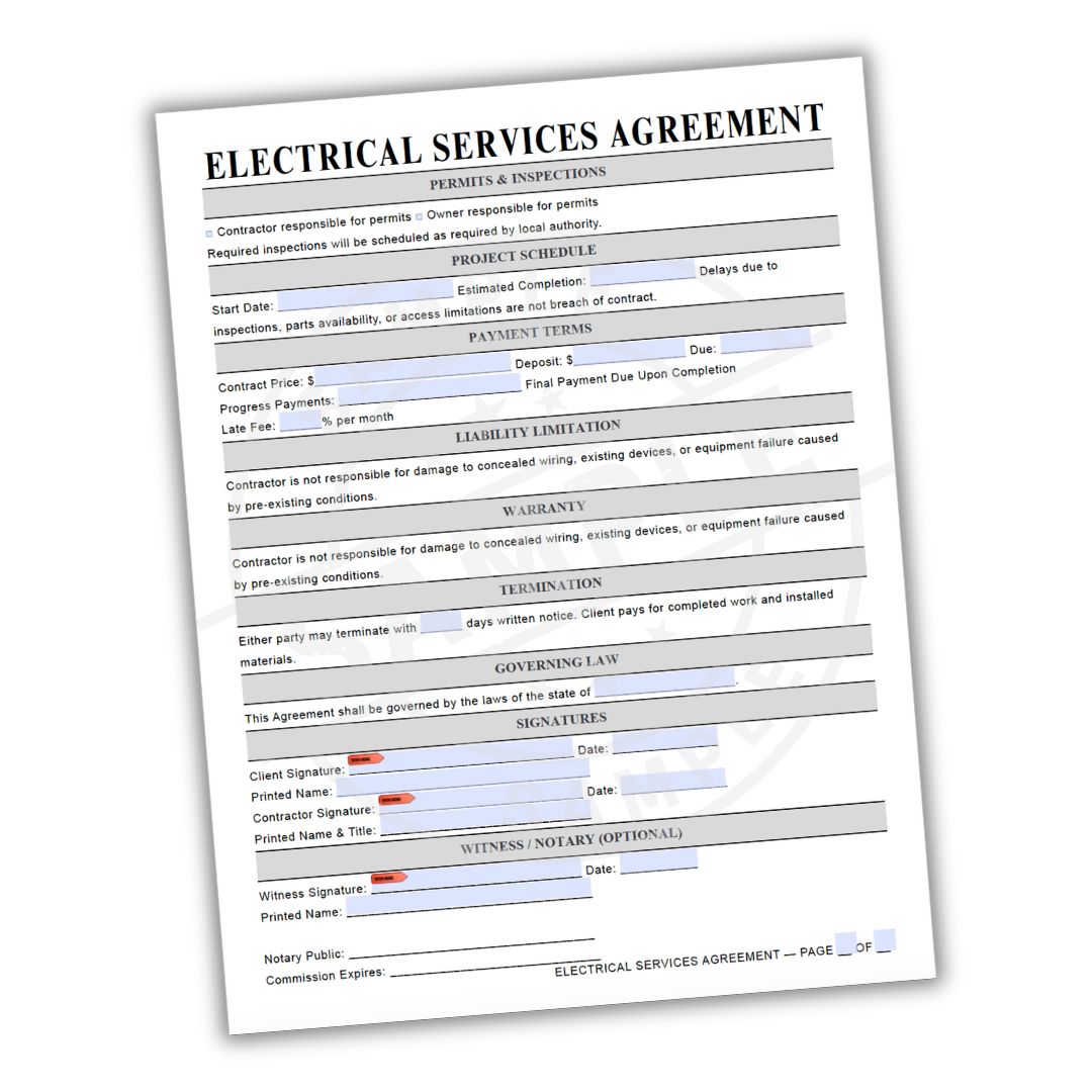 Electrical services agreement form on a white background