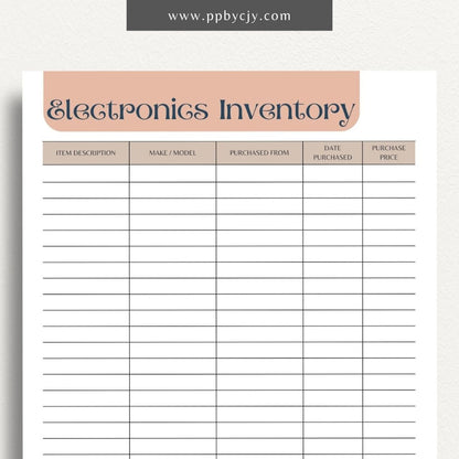 Electronics Home Inventory Printable Template – Digital Download for Tracking Home Electronics with sections for item details, purchase dates, warranty information, and locations.